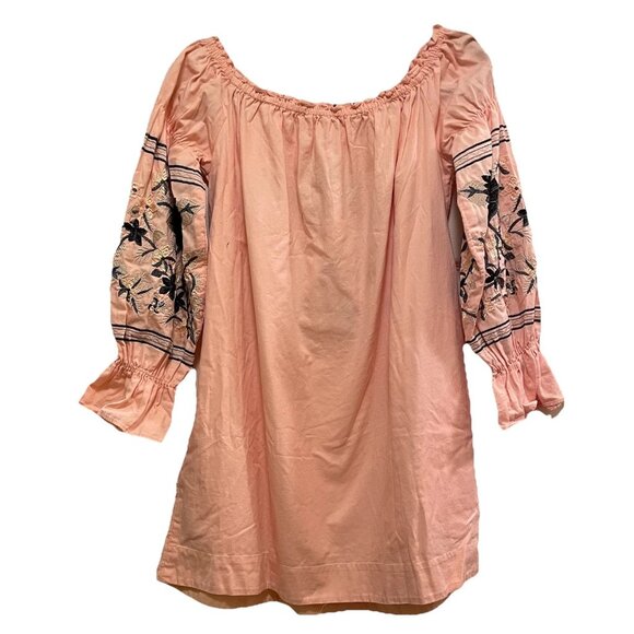 FREE PEOPLE Pink/Peach Fleur Du Jour Embroidered Cotton Shift Mini Dress Sz L - Picture 11 of 11